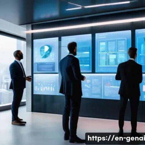 Home 30 AI와 기업의 윤리적 기준 - A modern corporate office scene with diverse professionals gathered around a transparent digital dis...