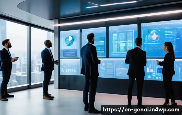 AI와 기업의 윤리적 기준 - A modern corporate office scene with diverse professionals gathered around a transparent digital dis...