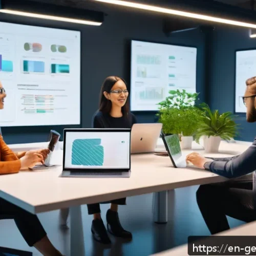 Home 17 AI가 만들어낸 콘텐츠의 신뢰성 - A modern digital workspace showing a diverse team of content creators collaborating with an AI assis...