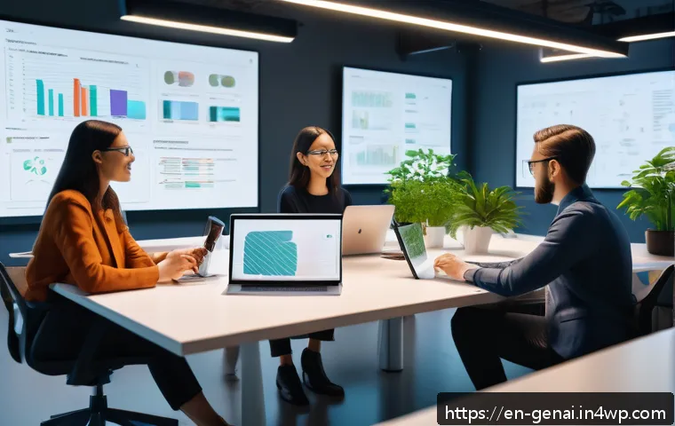 AI가 만들어낸 콘텐츠의 신뢰성 - A modern digital workspace showing a diverse team of content creators collaborating with an AI assis...