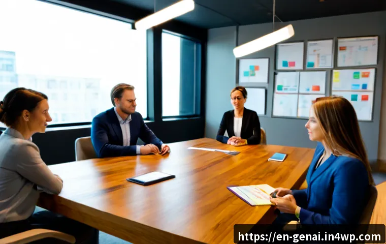 Home 17 AI 기술의 윤리적 사용을 위한 프레임워크 - Photorealistic ethical AI governance meeting in a modern American office, diverse team of profession...